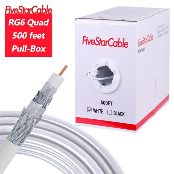 [FiveStarCable-HY] RG6 Coaxial Cable 500ft – White, Quad Shield, 18 AWG, 75 Ohm for TV, Modem, CCTV