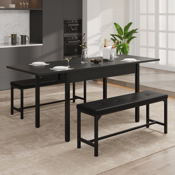 FiveWillowise 3-Piece Contemporary Steel Extendable Dining Table with Benches, Black