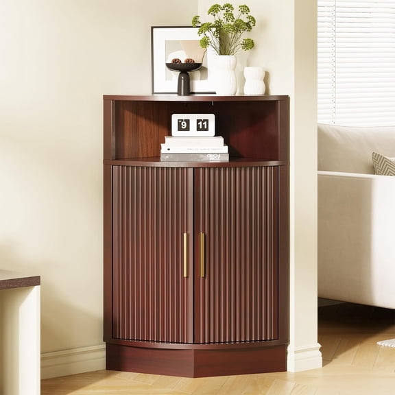 FiveWillowise Corner Bathroom Cabinet, Modern Small Corner Cabinet with Fluted Door and Open Shelf, Space Saver for Bathroom, Living Room, Kitchen, Brown