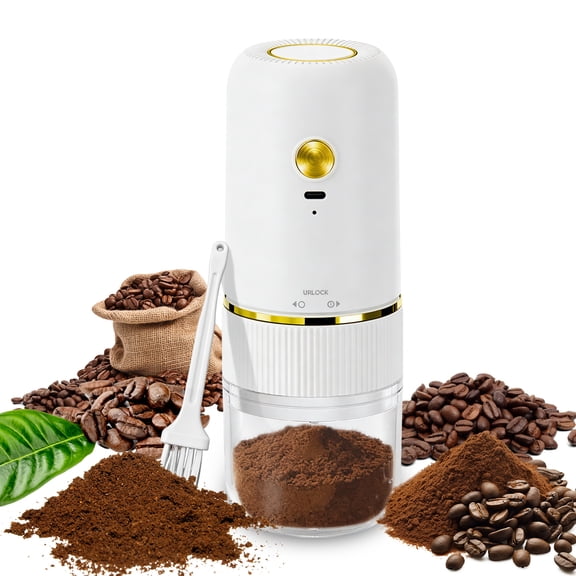 Portable Electric Burr Coffee Grinder, Mini Rechargeable Electric Coffee Bean Grinder with Cleaning Brush, Auto-Stop, Coffee Grinder for Espresso, French Press, Travel, Camping, Home & Office, White