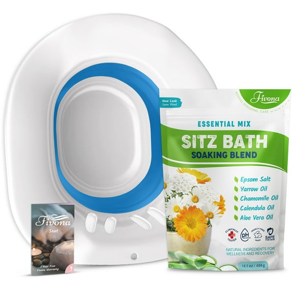 Fivona 2 In 1 Sitz Bath Soak Kit Bundle of Seat and Epsom Salt With Essential Oils Soaking Blend for Postpartum and Hemorrhoid Care