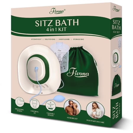 4 in 1 Sitz Bath Soaking Kit - Complete Kit for Epsom Salt Soaks for Hemorrhoid Treatment and Postpartum Care - Bundle of Sitz Bath Seat, Solution Bag, Hand Flusher & Storage Bag