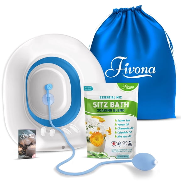 Fivona Sitz Bath Kit Soak Kit 4 in 1 Bundle of Expandable Toilet Basin with All Natural Soaking Blend; Massage Hand Flusher and Storage Bag; Postpartum Care and Hemorrhoid Treatment