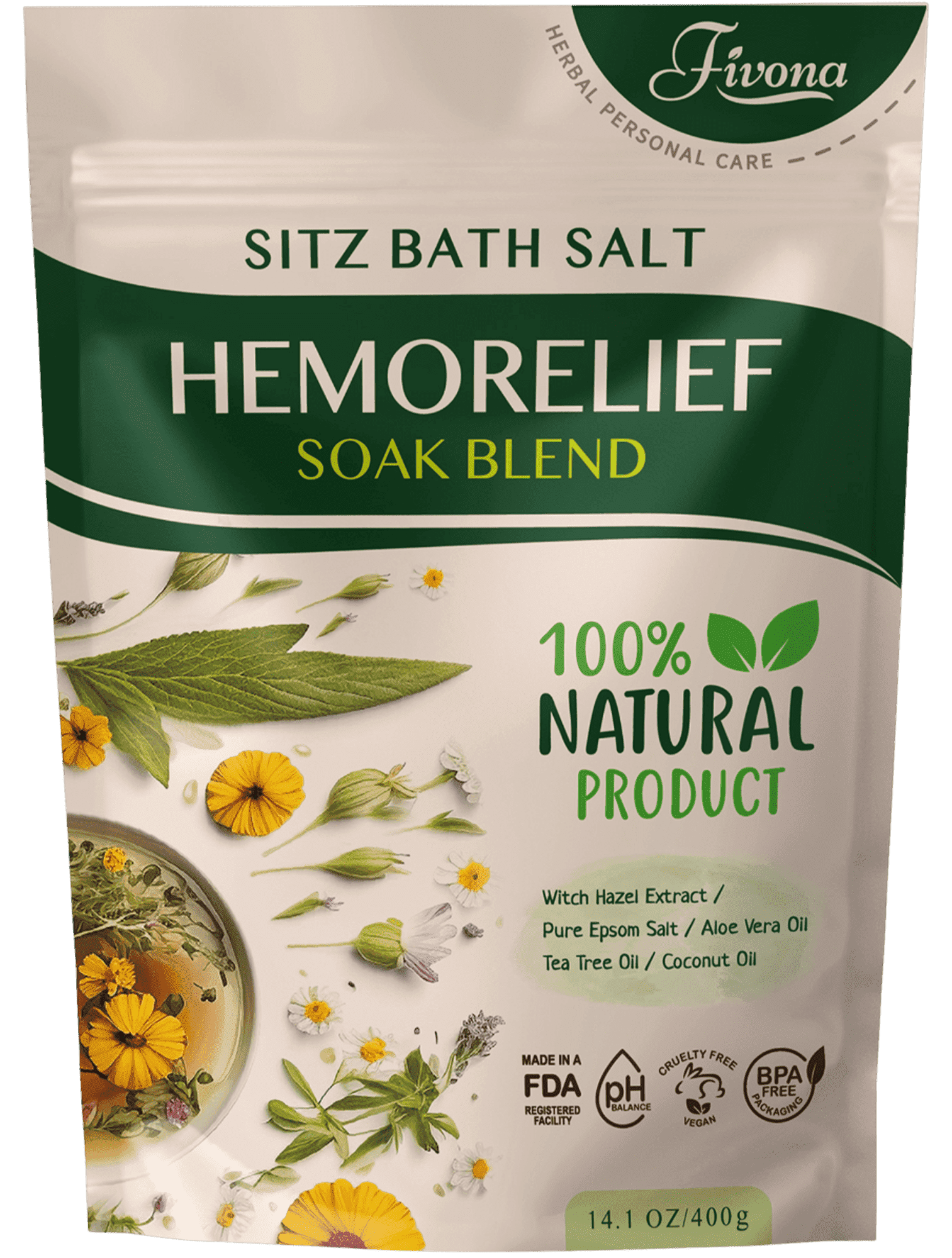 Fivona Sitz Bath Salt Blend for Hemorrhoids and Postpartum Care - Epsom Salt Soak with Natural Extracts and Oils 14.1 oz