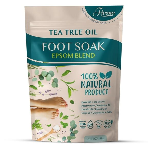 Fivona Tea Tree Foot Soak Blend 14.1 oz - Epsom Salt with Essential Oils for Callus Softening, Soothing Relief, Healthy Toenails
