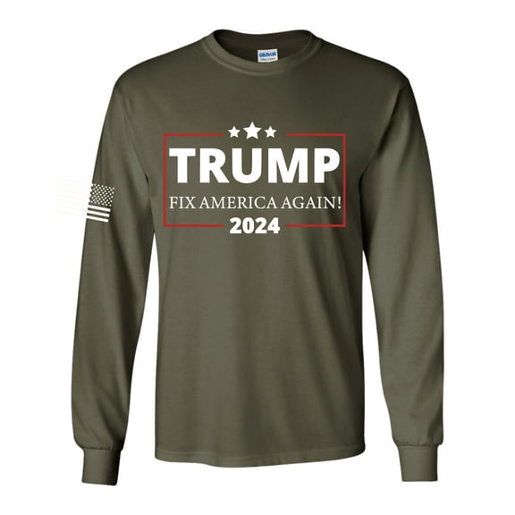 Fix America Again Trump 2024 American Flag Sleeve Patriotic Mens T-shirt Long Sleeve Political Graphic Tee-Military-small