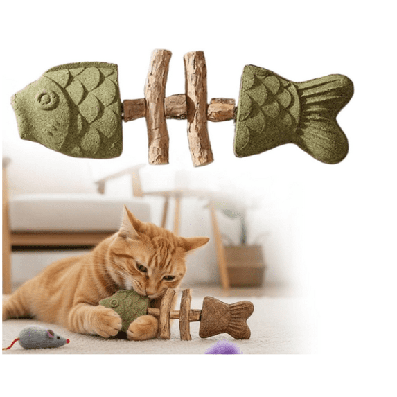 Fix Your Cat’s Dental Health, Natural Fishbone Catnip & Silvervine Chew Toy, Wooden Catnips Teeth Cleaning Stick, Interactive Kitten Chew Playthings, for Cats Teeth Cleaning (1pcs)