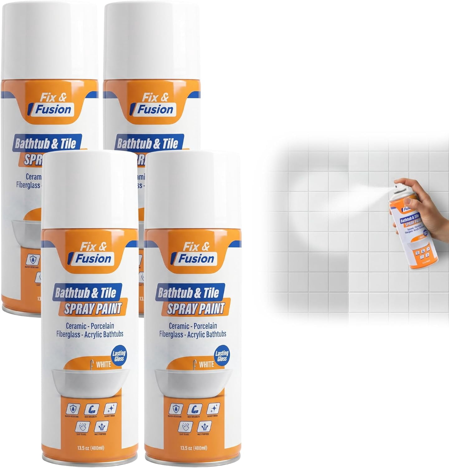 Fix & Fusion Bathtub & Tile Spray Paint, Multi-Surface Coating for Bathroom & Kitchen, High Adhesion, Water-Resistant, for Porcelain, Ceramic, Fiberglass, Countertops & More, White 13.5 oz (4 Pack)