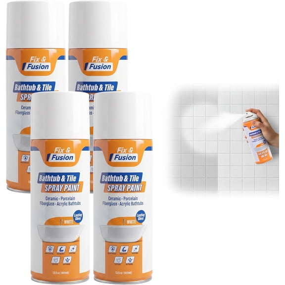 Fix & Fusion Bathtub & Tile Spray Paint, Multi-Surface Coating for Bathroom & Kitchen, High Adhesion, Water-Resistant, for Porcelain, Ceramic, Fiberglass, Countertops & More, White 13.5 oz (4 Pack)
