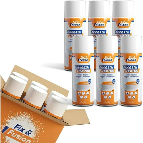Fix & Fusion Bathtub & Tile Spray Paint, Multi-Surface Coating for Bathroom & Kitchen, High Adhesion, Water-Resistant, for Porcelain, Ceramic, Fiberglass, Countertops & More, White 13.5 oz (6 Pack)