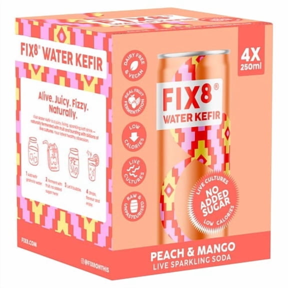 Fix8 Water Kefir Peach + Mango 4 x 250ml, British Import (Pack of 2)