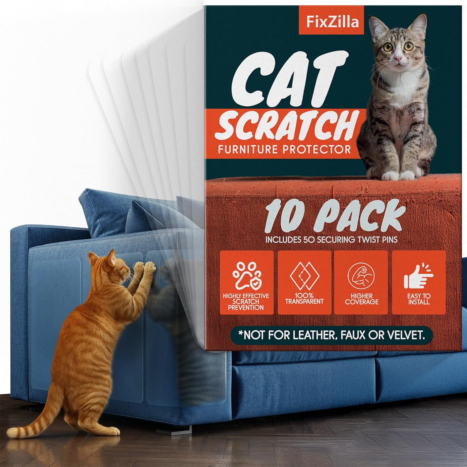FixZilla 10-Piece Clear Anti Scratch Furniture Protector, Cat and