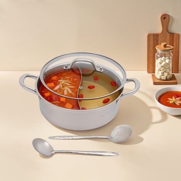 Fixartoo 304 Stainless Steel Double Sided Hot Pot,10.2" Divided Soup Pot with Glass Lid,2-in-1 Dual Flavor Cooking Pot,For Family Gathering Home Party