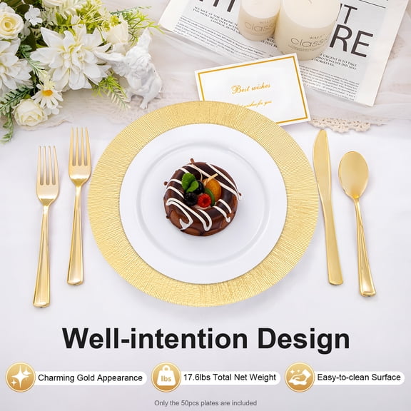 Fixartoo 50 Pcs Gold Charger Plates Set, 13"Round Dinner Plates with Delicate Texture, Stackable &Reusable,for Holiday Family Gathering Hotel