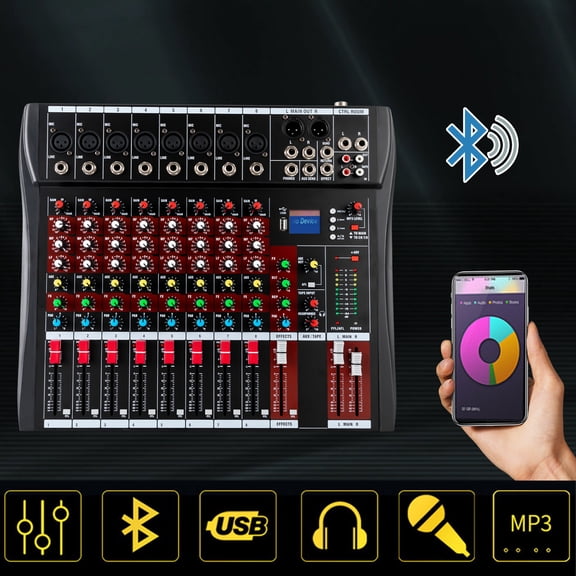 Fixartoo 8-Channel Bluetooth Audio Mixer,with Bluetooth, 3-Band EQ, +48V Phantom Power, LED Display, for Home KTV Recording Studio