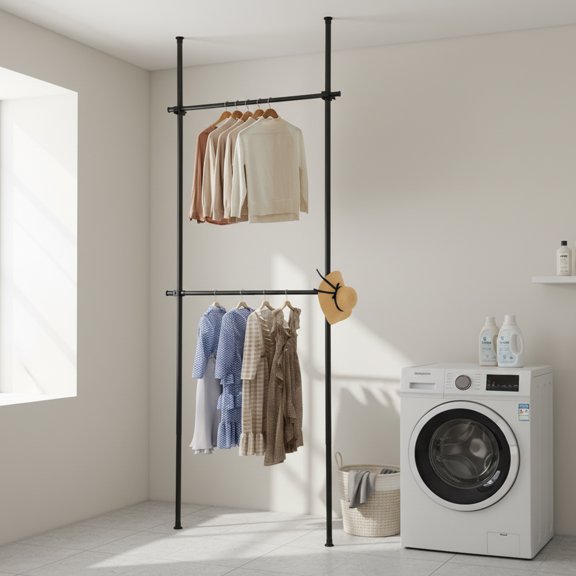 Fixartoo Floor Ceiling Laundry Drying Rack,No Drill Installation,Adjustable Height & Width Clothes Rack,For Bedroom Laundry Room