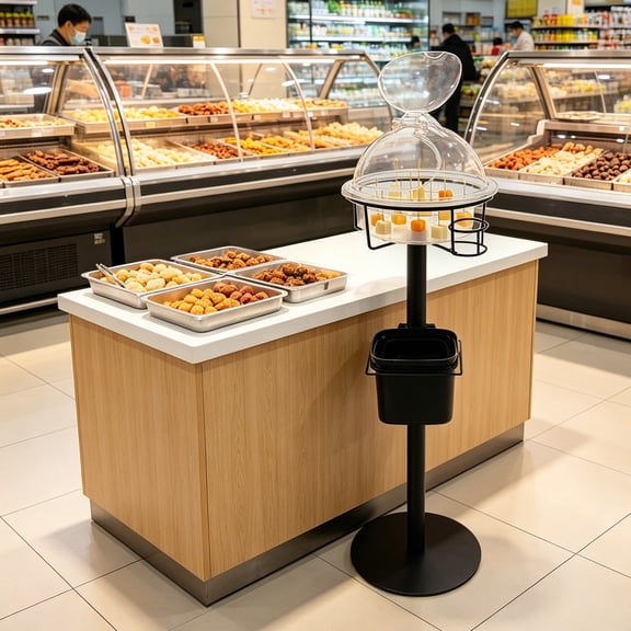 Fixartoo Sample Stand with Tasting Box & Garbage Bin,43" Floor Display Rack for Bakery Supermarket Cake Shop, Freestanding Toothpick Holder