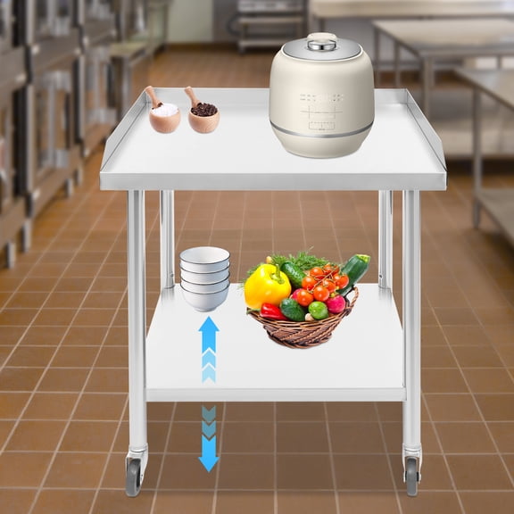Fixartoo Stainless Steel Work Table 1102 lbs Capacity,2-Tier Commercial Prep Table with Wheels,Adjustable Bottom Shelf,for Kitchen Restaurant Garage