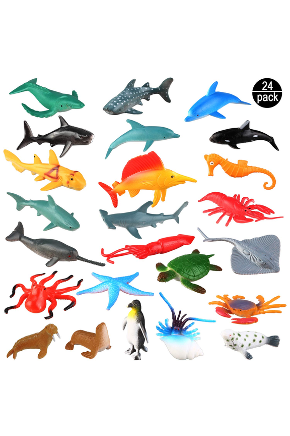 24 Pack Plastic Sea Ocean Animals Figure Sea Creatures Model Toys Set, Baby Bath Toys, Birthday Toys for Kids with Turtle Octopus Shark