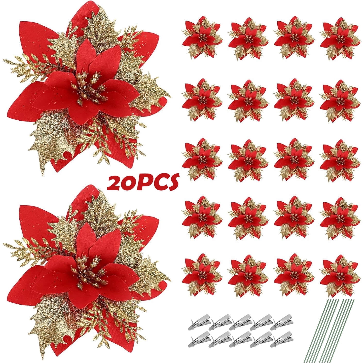 Red Poinsettia Flowers for Christmas Tree, 20 Pcs Glitter Artificial ...