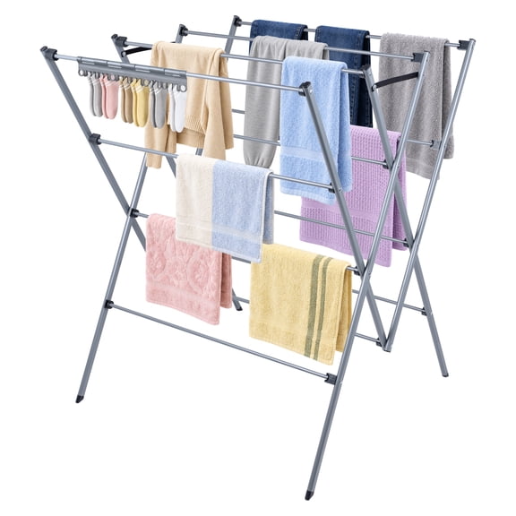 Fixdono Drying Rack Clothing, 12 Drying Poles with Sock Clips, Clothes Drying Rack Foldable, Rustproof, Silver