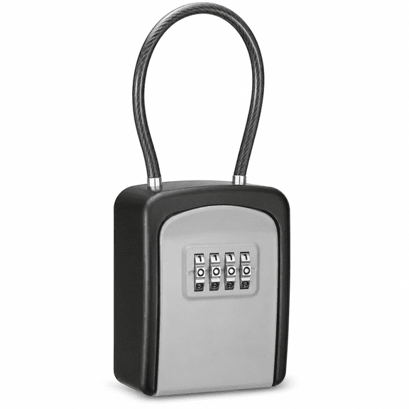 Fixdono Key Lock Box with Code, Portable 4-Digit Combination Key Safe, Removable Cable for Hanging or Wall Mounting, Aluminum Alloy, Black