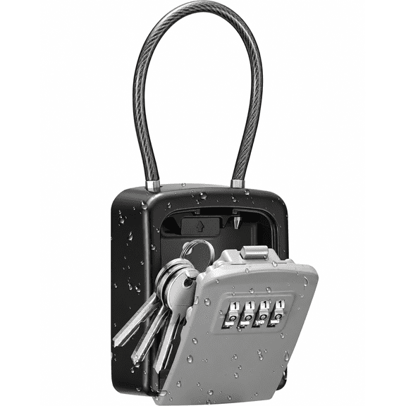 Fixdono Key Lock Box with Code, Portable 4-Digit Combination Key Safe, Removable Cable for Hanging or Wall Mounting, Aluminum Alloy, Black