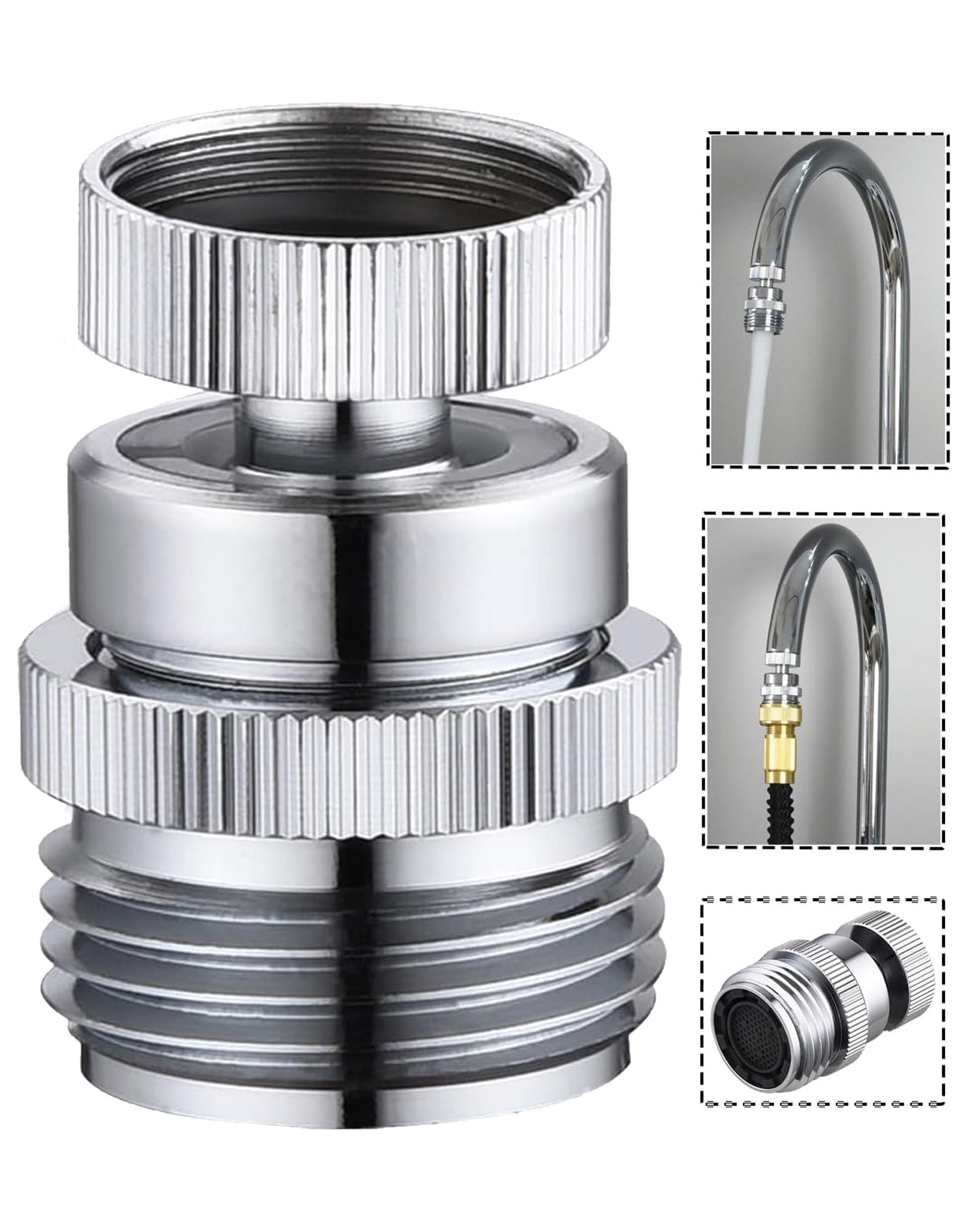 Sentryse Swivel Faucet Adapter Kit, Brass 3/4" Faucet to Garden Hose Adapter, Chrome Silver