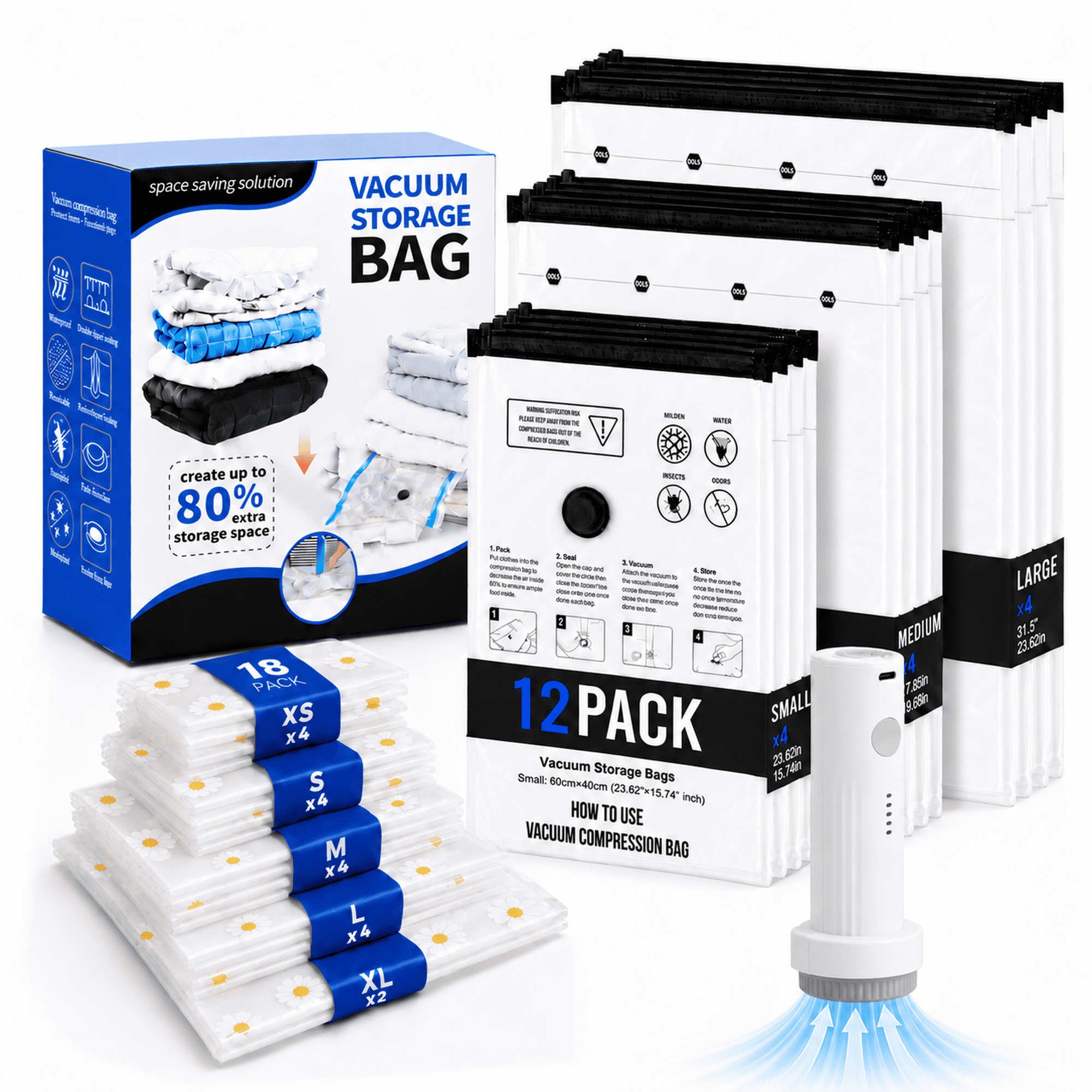Fixdono Vacuum Storage Bags for Travel with a Cordless Rechargeable Pump, Space-Saving 30-Bag Set for Clothing Storage in Luggage and Closets