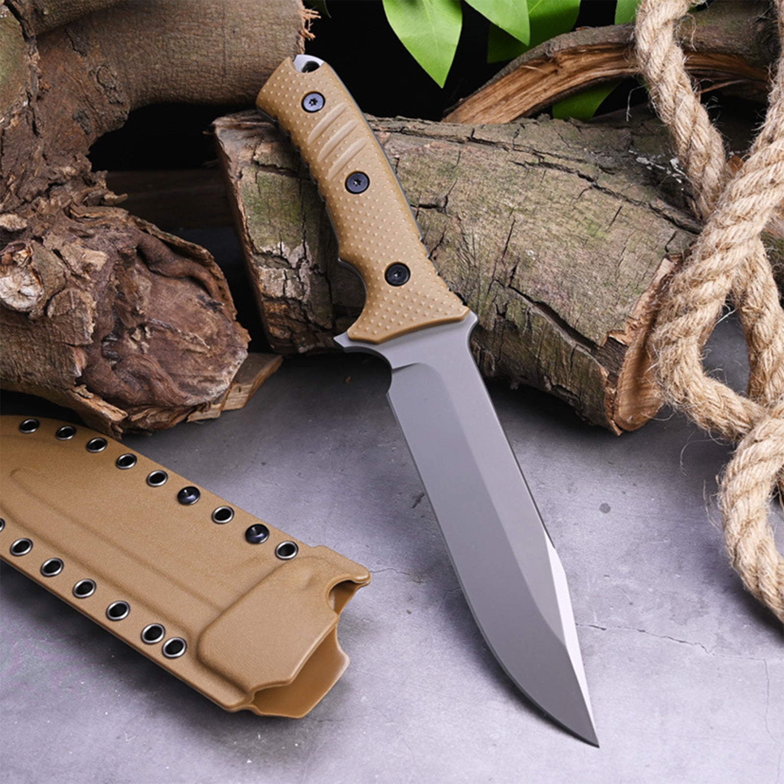 Fixed Blade AUS-10 Steel Knives with Sheath,Big Full Tang Bushcraft Knife with Sheath Hunting Knife with Handle for Camping, Survival, Fishing(Khaki)