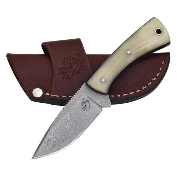Fixed Blade Hunting Knife - Full EDC - Damascus Skinning Knife - Bone Handle and Heavy Duty Horizontal Carry Sheath Snug Fit (4402-B)