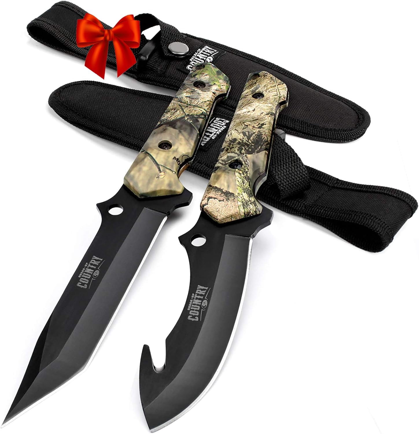 Fixed Blade Hunting Knife Set - 2 Piece, Full Tang Handle Straight Edge and Gut Hook Blades Game Processing Knife, Sheath Included Yellow Camo