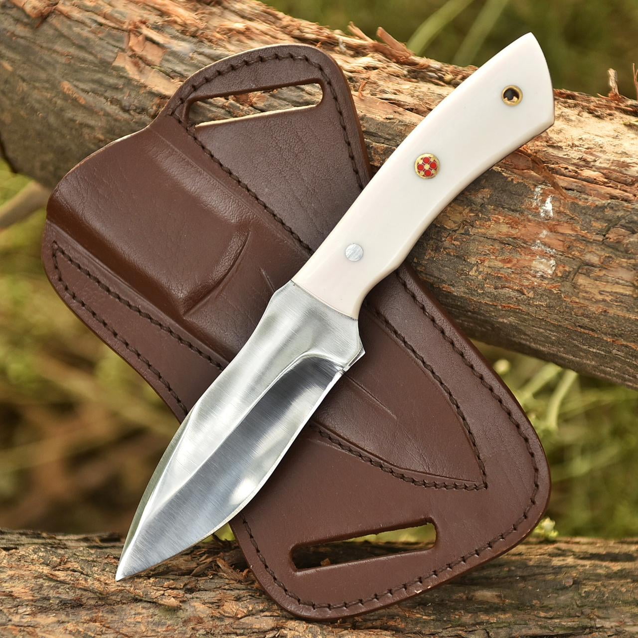 Fixed Blade Hunting Knife with Leather Sheath, High Carbon Steel Drop Point Blade, White Resin Handle, Outdoor Camping Utility Knife