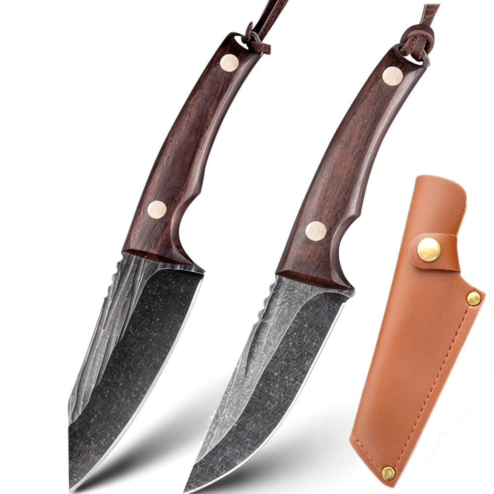 Small Procket Knife 3.5-inch Fixed Blade Knife 2Pcs High Carbon Steel Fruit Meat Butcher Knife Set Full Tang Hunting Knife Wood Handle with Paracord Lanyard,for Outdoor Camping Bushcraft
