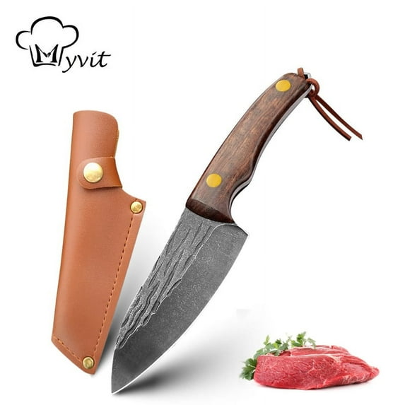 Fixed Blade Knife with High Carbon Steel Blade, 3.5 Inch Full Tang Mini Hunting Knife with Leather Sheath Wood Handle and Paracord Lanyard for Outdoor Survival Camping Bushcraft Butcher Knives