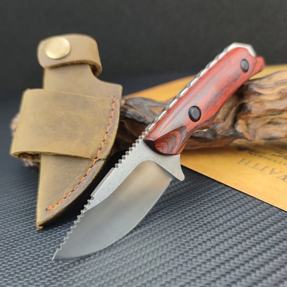 Fixed Blade Knife with Sheath, EDC Outdoor Knife, 8Cr13Mov Steel Knife, Men's Gift and Outdoor Enthusiast Hiking/Camping Gift (Stabilised Wood Handle)