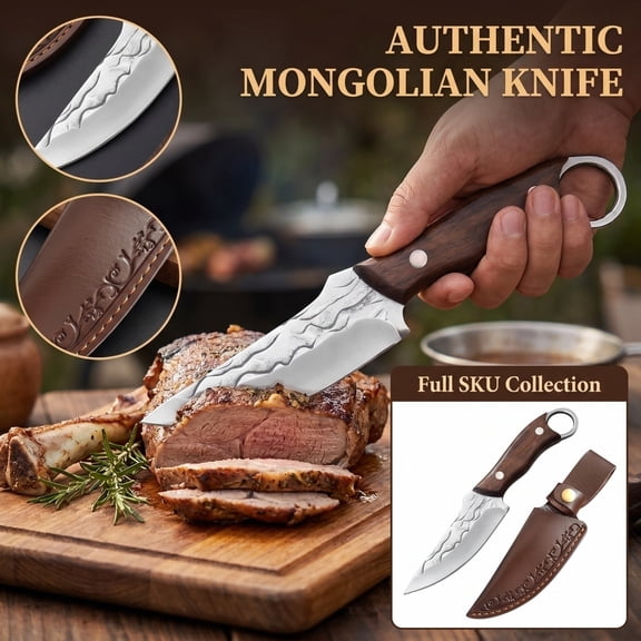 Fixed Blade Model with Sheath, Hand Forged Sharp Cuts Meat and Fruit, for Outdoor Camping Backcountry Use, Unique Gift for Camping Cooking Enthusiasts, Stainless Steel, 8 In, Full