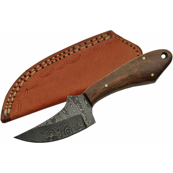 SANZ 6.5" Walnut Fixed Blade Knife with Damascus Style Blade, Full Tang Walnut Wood Handle and Leather Sheath Included