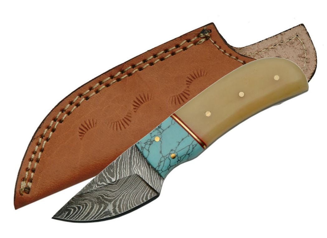 SANZ 5.5 Inch Bone and Turquoise Skinner Knife Damascus Steel Blade Bone Handle Brass Pins Fixed Blade with Protective Sheath