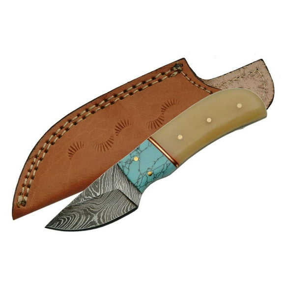SANZ 5.5 Inch Bone and Turquoise Skinner Knife Damascus Steel Blade Bone Handle Brass Pins Fixed Blade with Protective Sheath