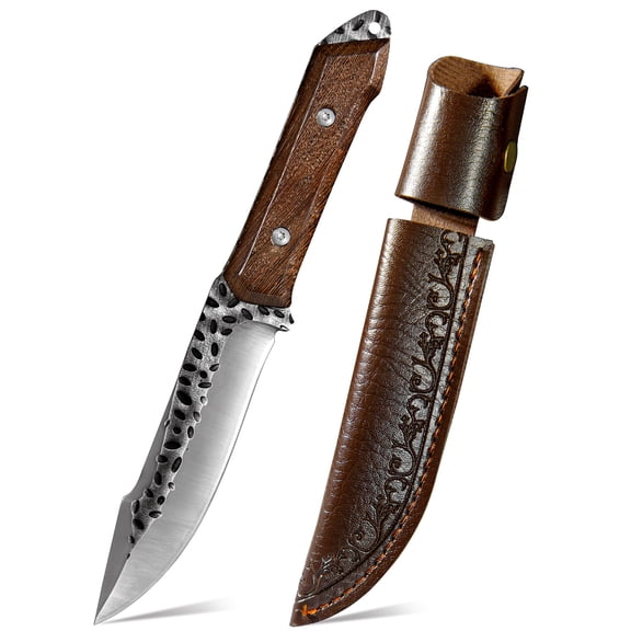 Fixed Blade Utility Knife with 5.11" Forged Stainless Steel Blade, Wood Handle & Leather Sheath for Camping & Outdoor Tasks