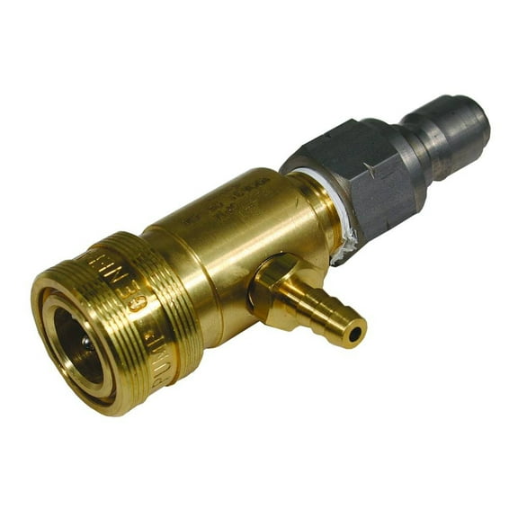Fixed Downstream Chemical Injector Compatible With General Pump 100631 Quick Connect 3/8 Female Inlet 3/8 Male Outlet 2.1mm Orifice 3-5 GPM 4500 PSI Brass Stainless NUMBERS 285-6037