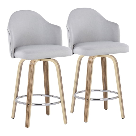 Fixed-Height Counter Stool with Zebra Wood Legs and Round Chrome Footrest with Light Grey Fabric - Set of 2