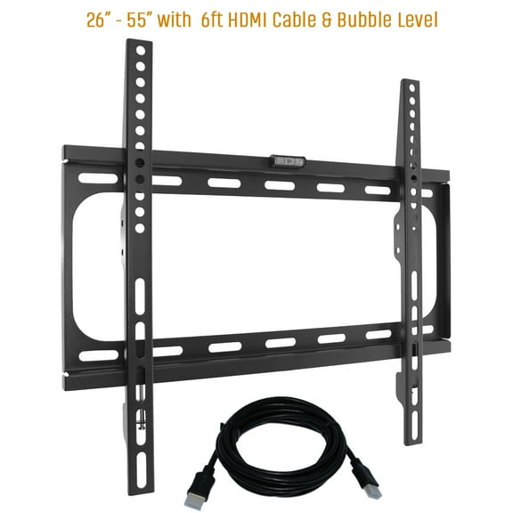 "Koramzi Fixed TV Wall Mount Bracket, Fits 26-55"" TVs, 400x400 VESA, Low Profile, Ultra Slim, Bubble Level, HDMI Cable"