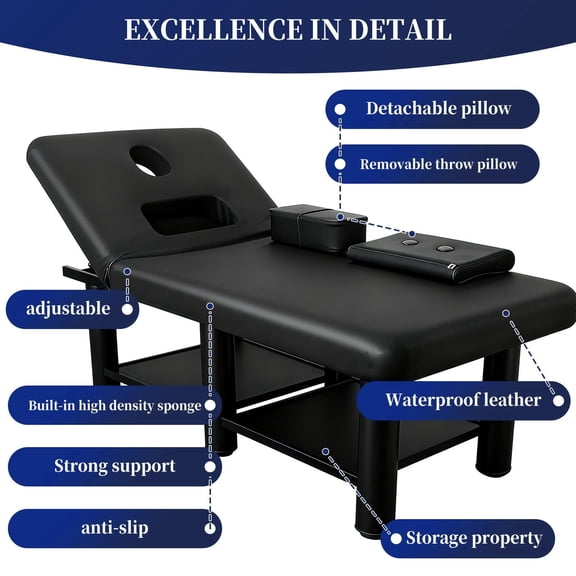 Fixed massage table,heavy-duty metal frame massage table,modern aesthetic design massage table,massage table suitable for spa therapy,black