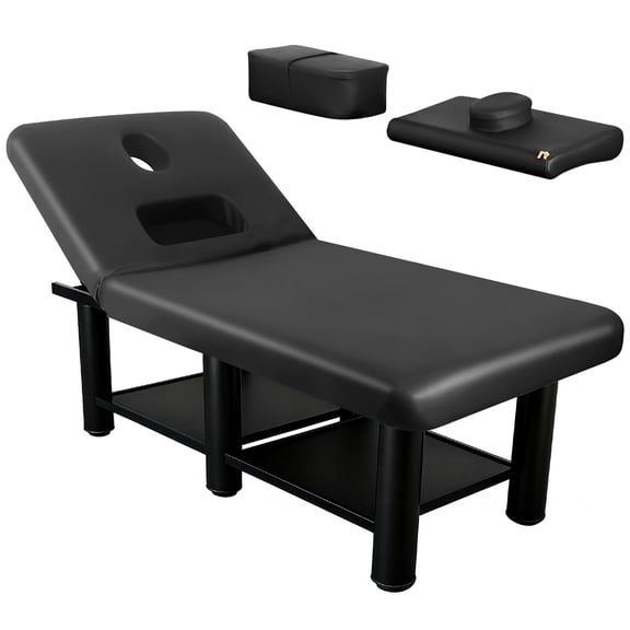 Fixed professional massage table, message table with high-density foam mattress, headrest removable, spa facial treatment bed, black