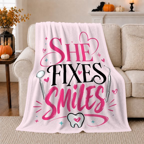 She Fixes Smiles Dentist Career Encouragement, Cozy Typography Art Scene, Warm Flannel Blanket for Living Room and Reading Nook, Art Lovers Thanksgiving Gift, Artistic Home Decor