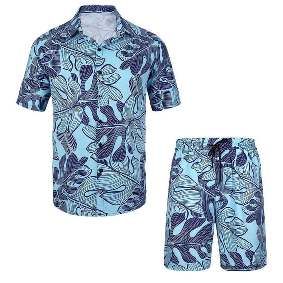 Fixha Men's Hawaiian Matching Set Tropical Summer Beach Button Down Short Sleeve Shirt and Shorts 2 Piece Outfits-Teal M
