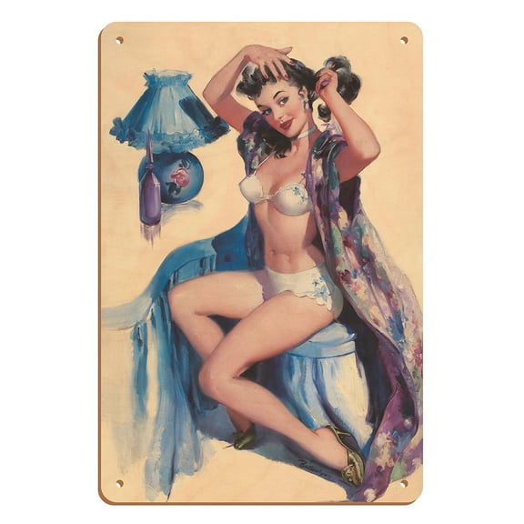 Fixing Her Hair - Vintage Pin Up Girl Print by Joyce Ballantyne c.1945 - 8 x 12 inch Vintage Wood Art Sign