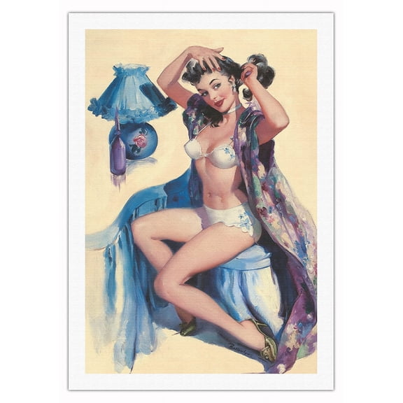 Fixing Her Hair - Vintage Pin Up Girl Print by Joyce Ballantyne c.1945 - Fine Art Rolled Canvas Print (Unframed) 27in x 40in